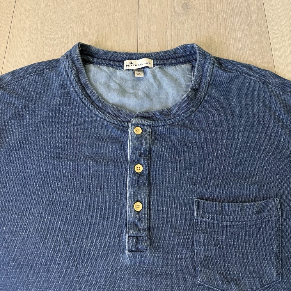 Peter Millar Denim Chambray Henley Long Sleeve Shirt Blue Men's L Large